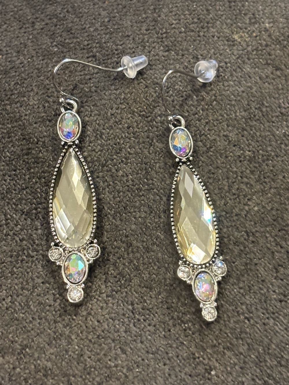 Lia Sophia signed Crystal Teardrop Dangle Earrings - Iridescent / Silver tone